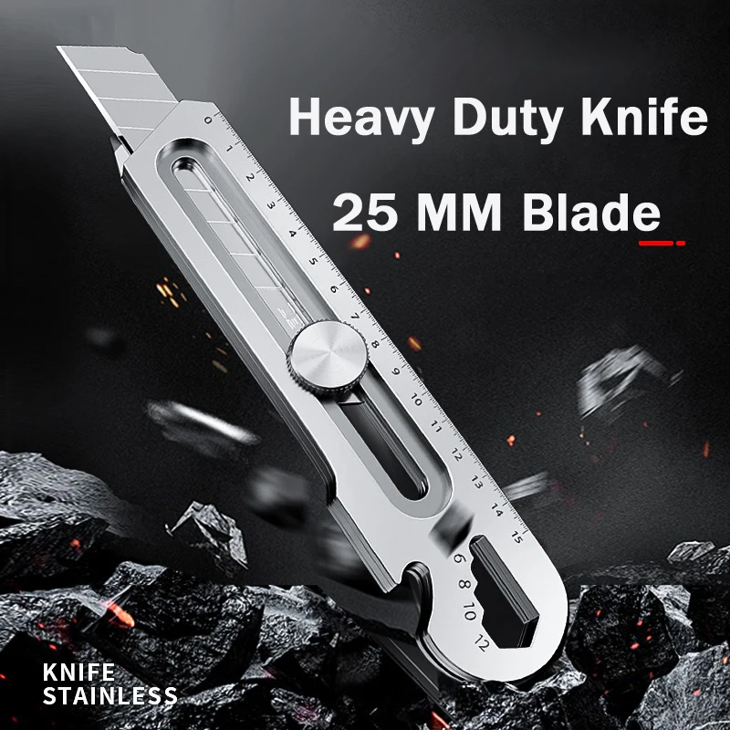 6In1 Multi-Function Stainless Steel Utility Knife 25MM Large Professional Retractable Box Cutter Premium couteau For Home Office