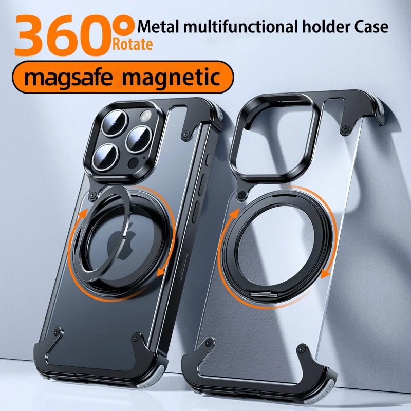 Aluminum Alloy Magnetic Magsafe Stand Rimless Phone Case For iPhone 15 Pro Max Metal Holder Shell Frosted Matte leather Cover