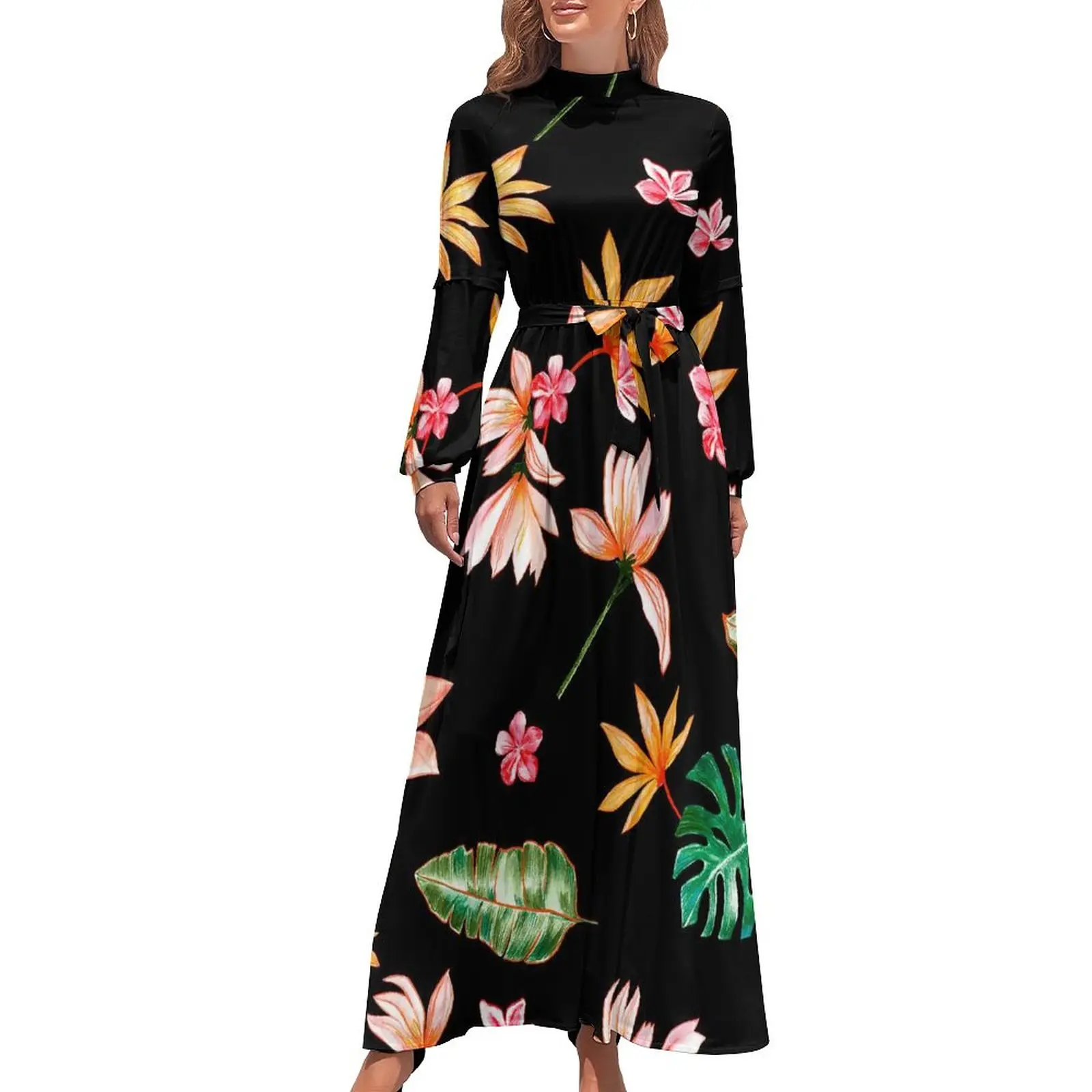 

Floral Print Dress Palm Leaf Trendy Sexy Maxi Dress Basic Boho Beach Long Dresses High Waist Print Clothes