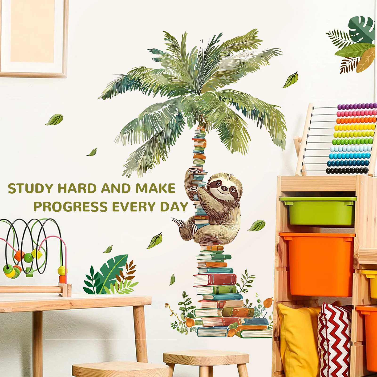 Tropical Reading Animal Wall Sticker Palm Tree Monkey Sloth Wall Decal for Library Study Wall Art Home Decor