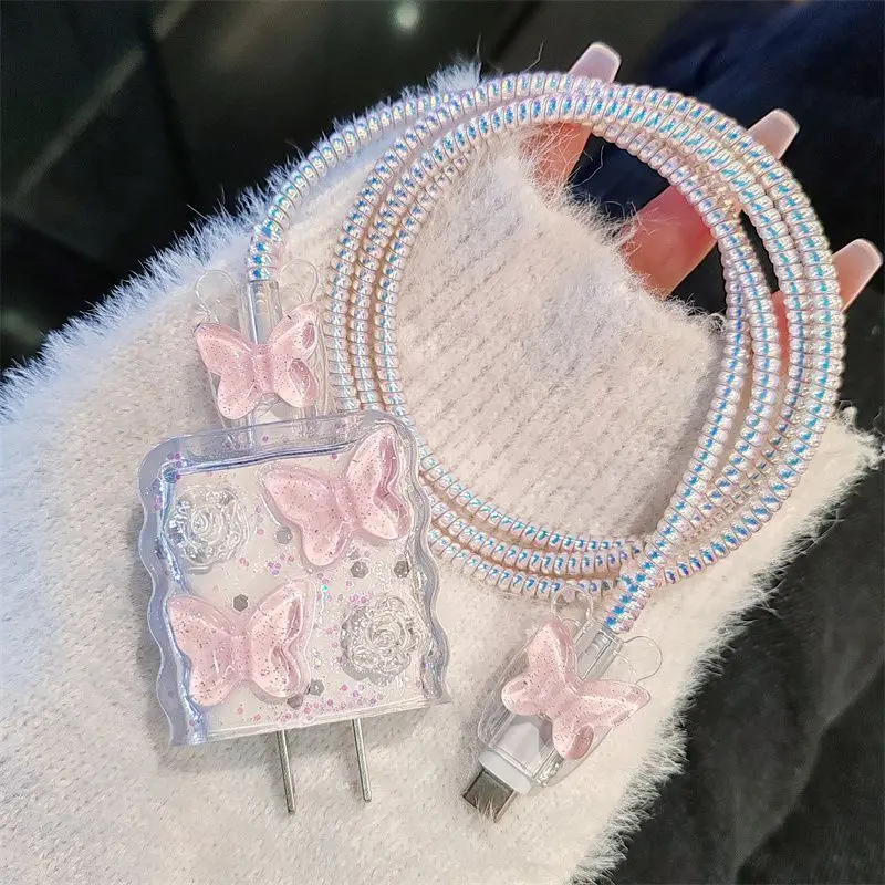 Pink Crystal Butterfly Charging Data Cable Protector Winder Accessories for iPhone 17/20w Cartoon Charger Protective Cover 5-PCS