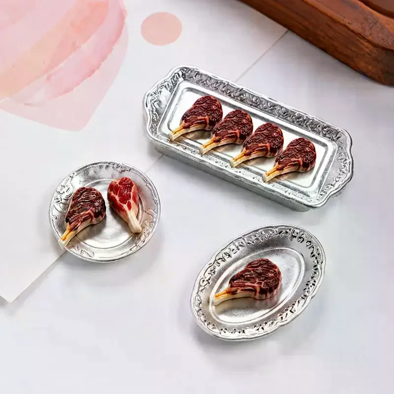 10pcs Miniature Simulated Steak Set Vintage Silver Serving Trays Dollhouse Kitchen Diorama Craft Projects No Fade Realistic