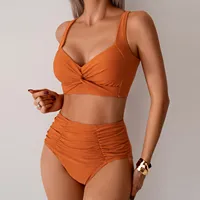 Y2k-Conjunto de Bikini Vintage para mujer, traje de baño de dos piezas, traje de baño de Color sólido con cuello en V profundo, traje de baño para vacaciones en la playa