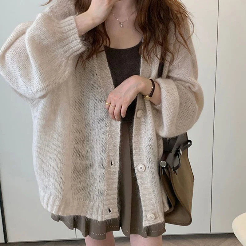 Biyaby Spring Autumn Knitted Cardigan Coats Woman Korean Simple Long Sleeve Sweater Women Casual Solid Loose V-Neck Cardigans