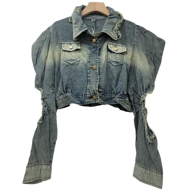 シックな女性用ロングホールバブルスリーブダメージデニムジャケットジーンズコートカウボーイカーディガンハイウエストアウターシングルブレストトップス