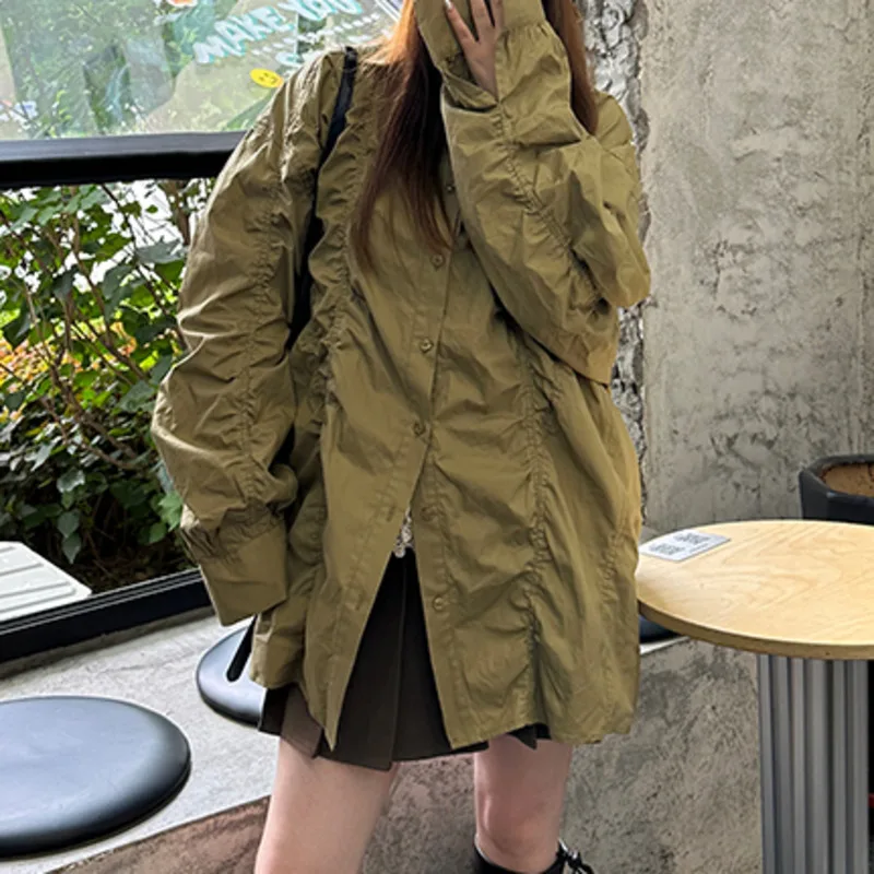 KWTX ผู้หญิง Vintage Streetwear เสื้อแจ็คเก็ต SS25 Solid Casual Handmade Smocking Single Breasted กระเป๋า Luxe น้ําหนักเบา