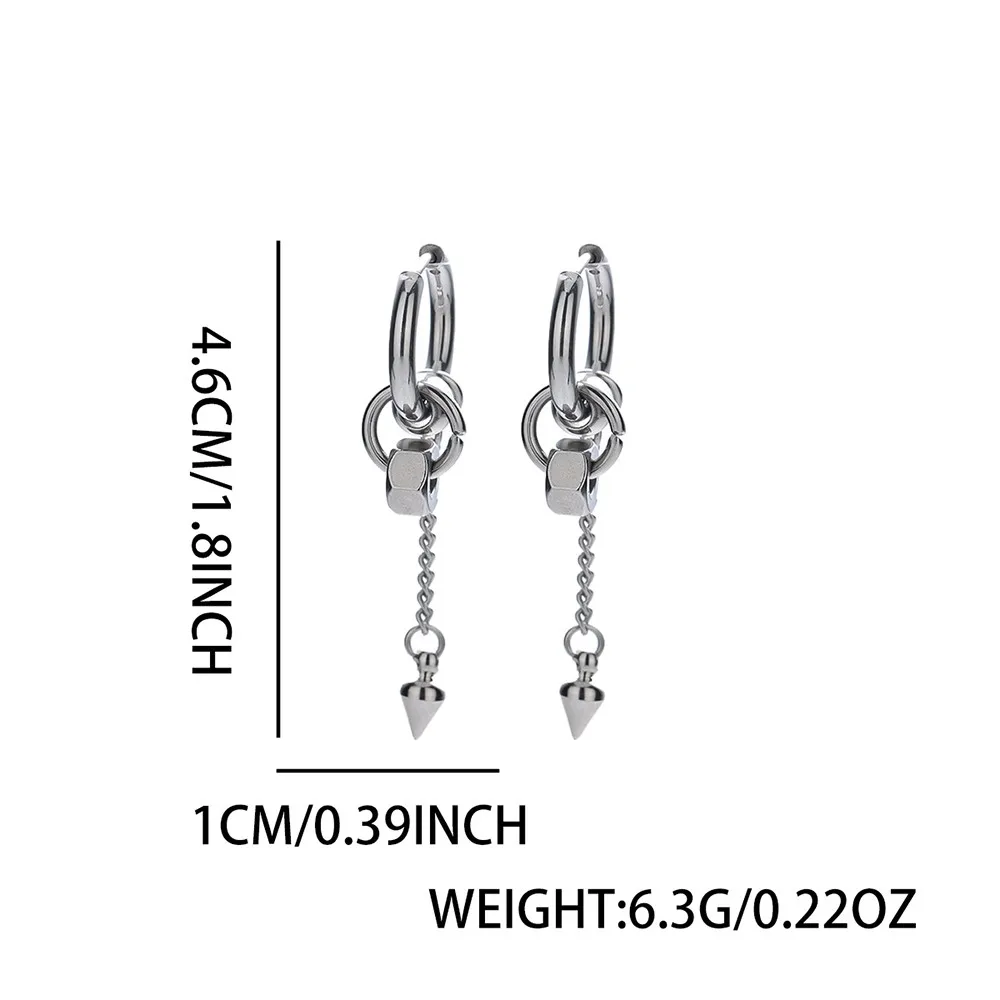 1PC Silver Color Chain Spike Rivet Dangle No Pierced Earrings for Men Titanium Steel Drop Earrings Clip On Ear Punk Jewelry Gift