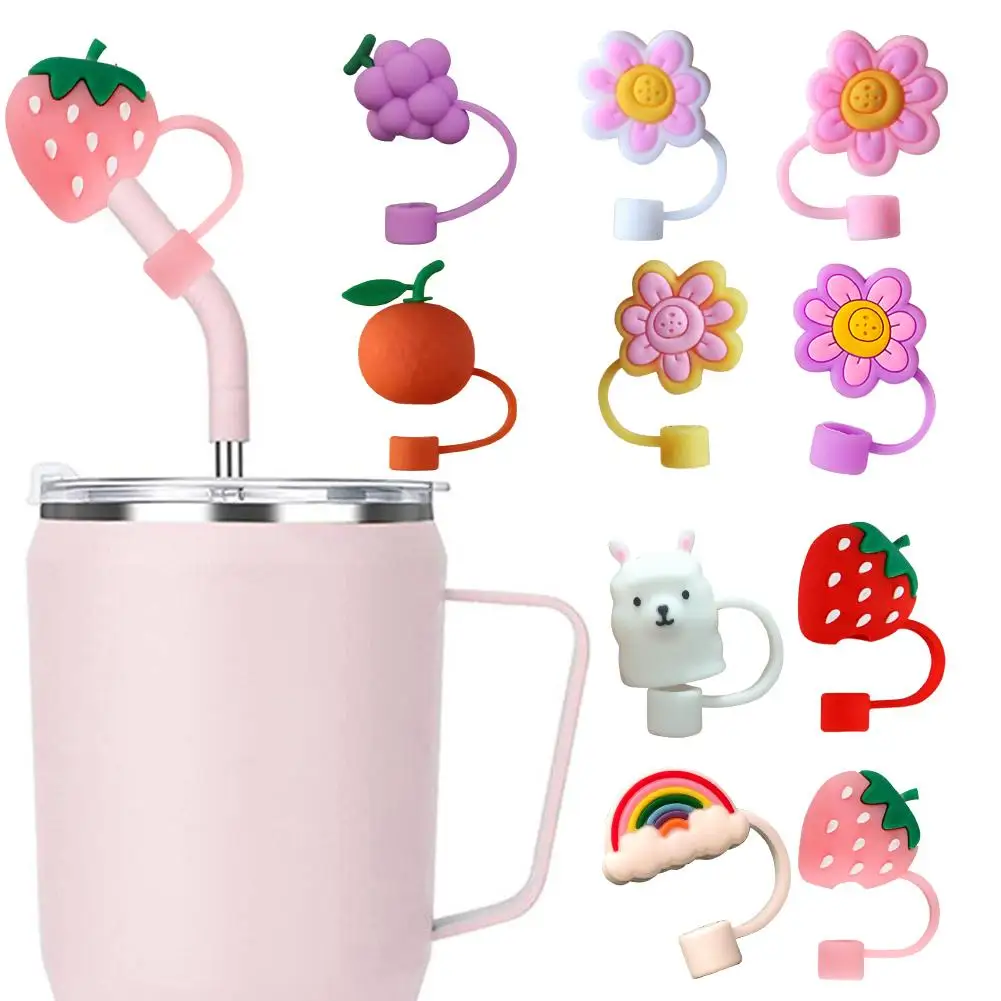 Lovely Flower Straw Covers Cap Toppers For Stanley Tumbler Cups,Reusable Cute Strawberry Silicone Straw Tips Protect Access Q5X0