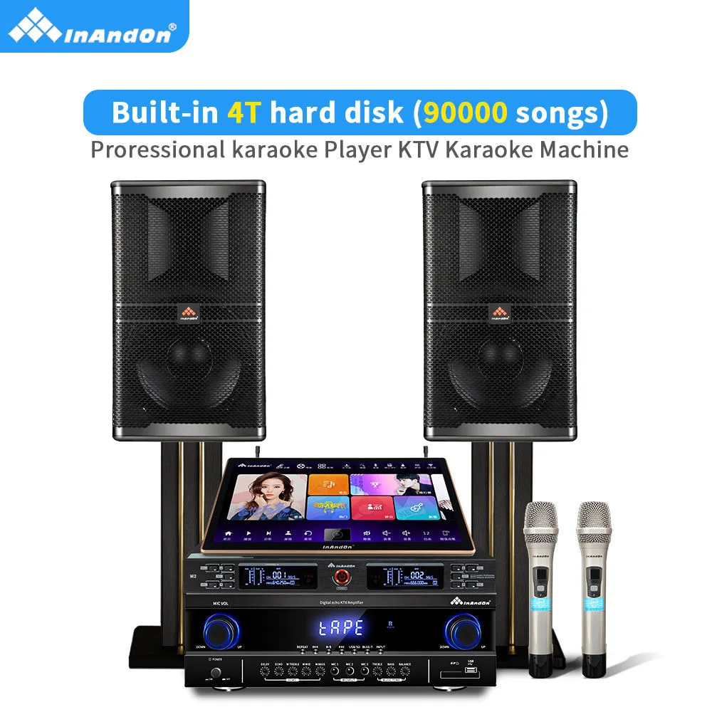 InAndOn Professional Home KTV Karaoke Machine Set Touch Screen Wireless Mics, Power Amplifier & Stage Speakers for Family