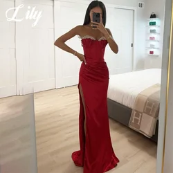 Lily Red Chic Woman Evening Dress Gown Mermaid Sexy Split Sweetheart Beaded Night Dress Gown with Pleats Satin robes de soirée