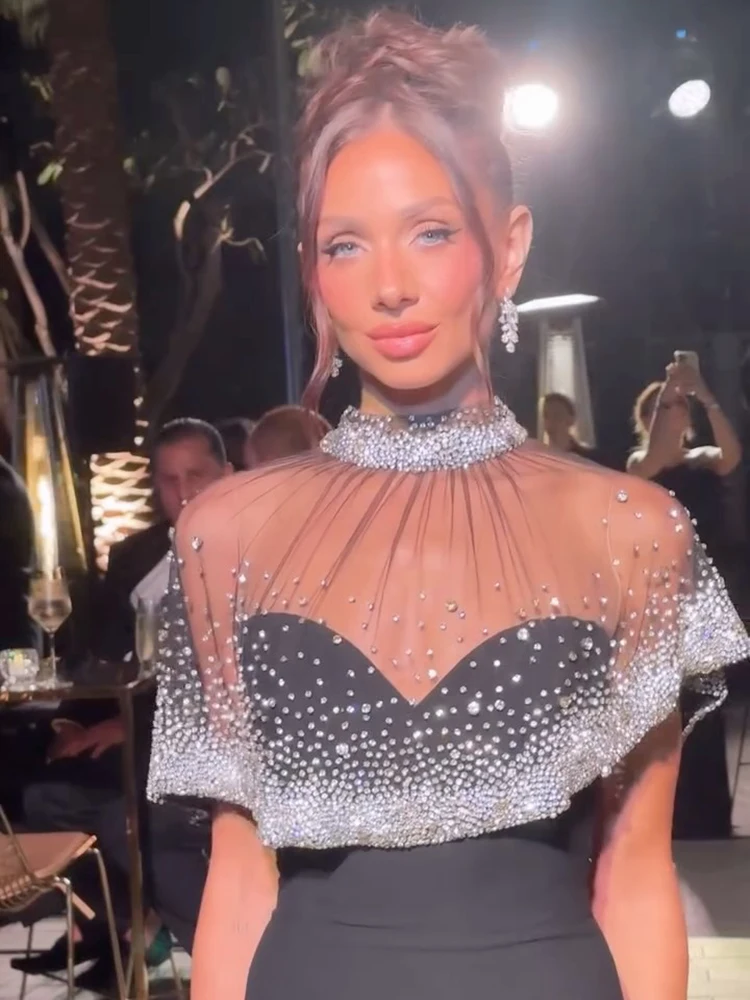 VC luxe pure perlée maille Cape noir Maxi bretelles robe sans manches pour les événements formels robe
