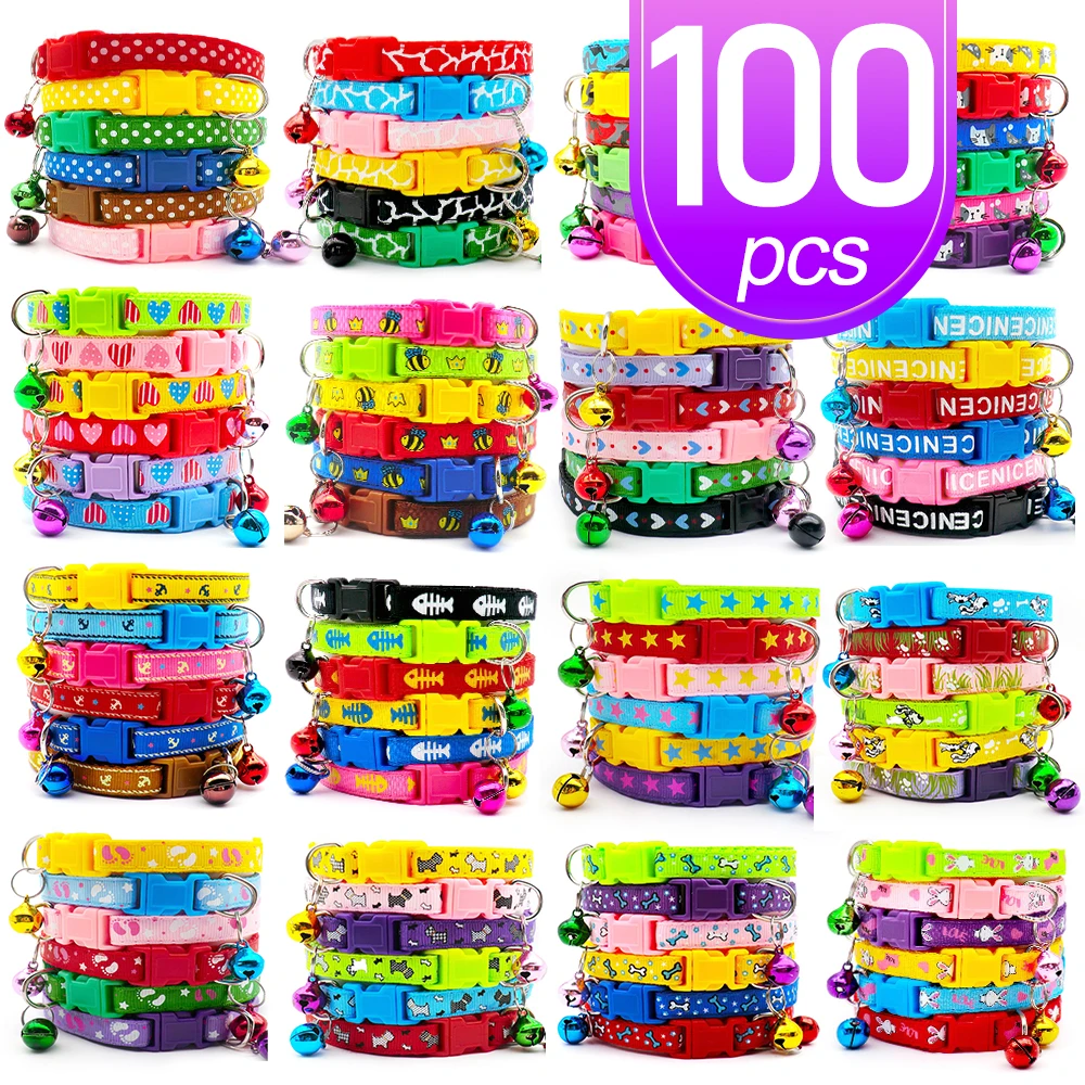 wholesale 100Pcs cat collar with bell Personalized Pets Collar puppy kitten Small Dog Collar Adjustable Buckle Accessories