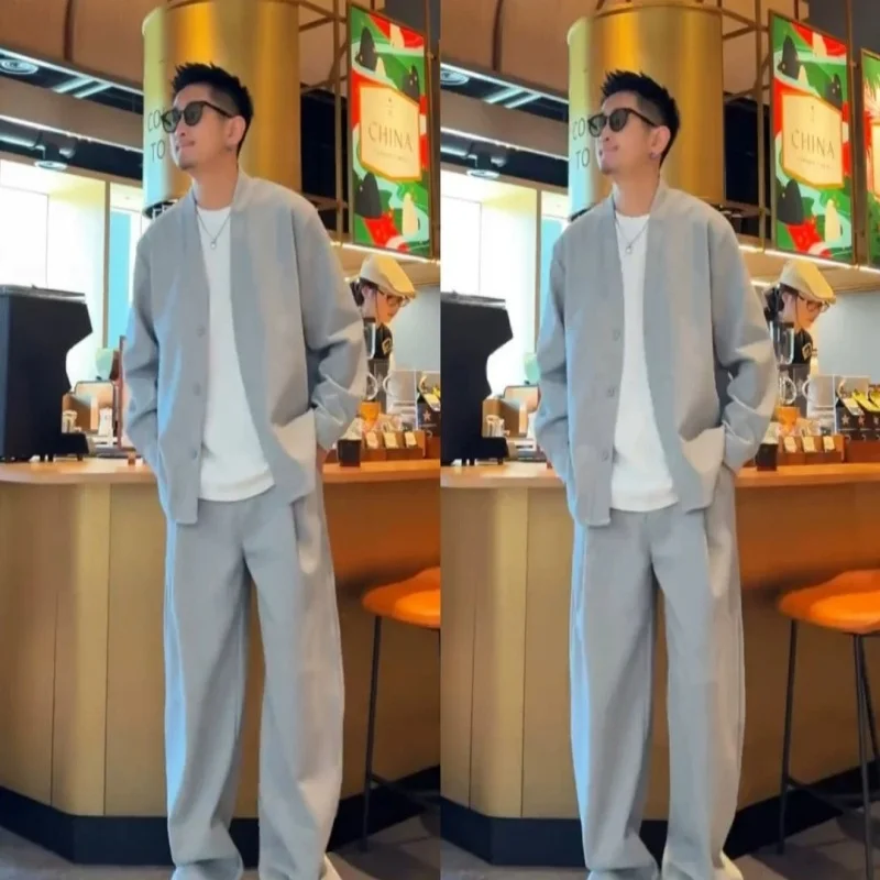 Spring and Autumn Men's Simple Fashion Lazy Casual Set Loose Versatile Coat Wide Leg Pants Two Piece Set