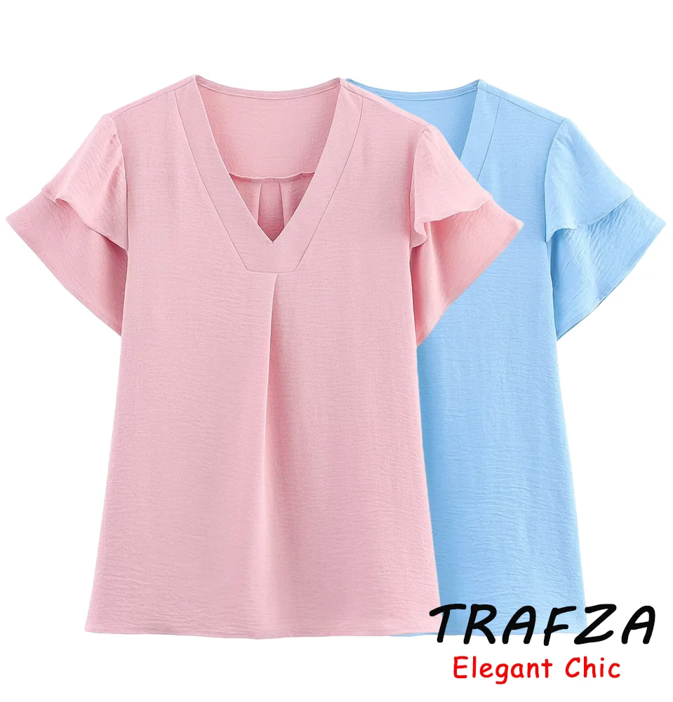 

TRAFZA Women Simple Casual T-Shirt V-Neck Short Sleeve Top Fashion 2025 Summer Fashion Thin and Light Commute Lady T-Shirt
