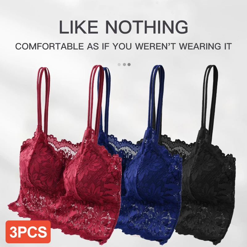 Sujetadores de encaje para mujer, Bralette cómodo de Color sólido, ropa interior Sexy, chaleco, lencería inalámbrica calada, sujetador sin costuras, 3 uds.