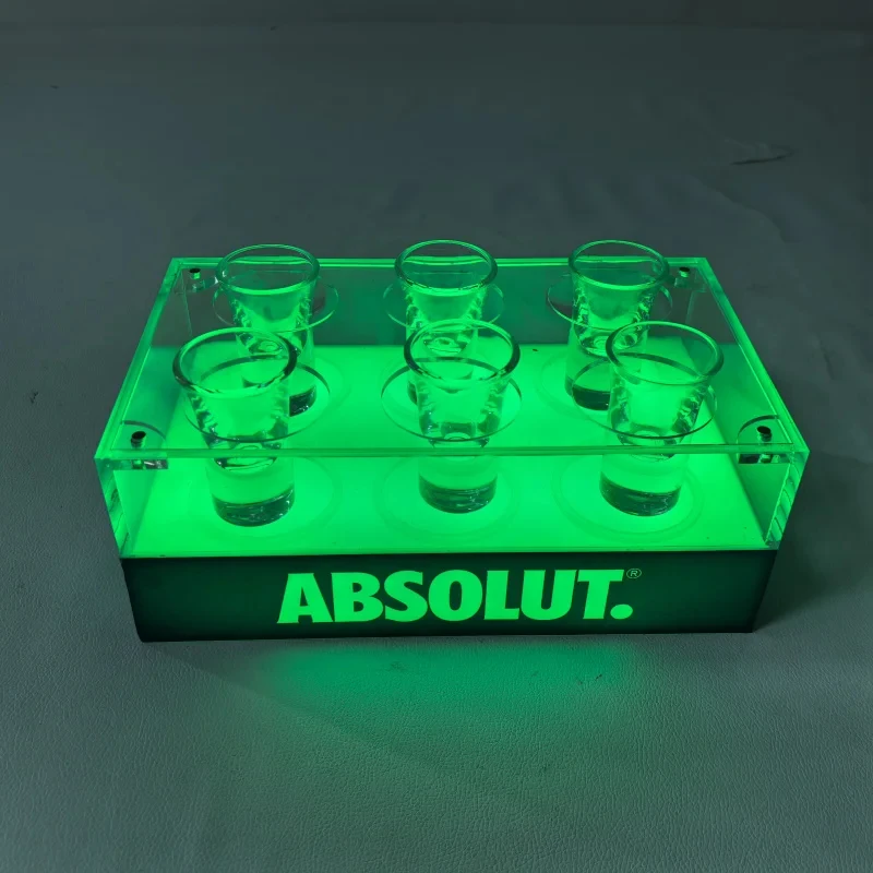 Colorful LED Acrylic Wine Bottle Service Tray with 6 Holes Shot Glass Rack Cocktail Cup Holder for Night Club Table