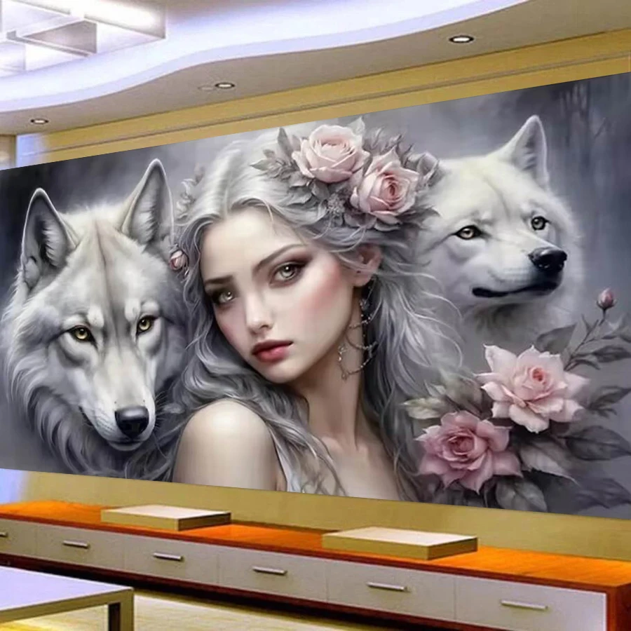 

Fullcang Large Size Diamond Arts Painting Kits Woman Animals Wolf Diy Full Drill Mosaic Embroidery Flowers Picture Wall Decor