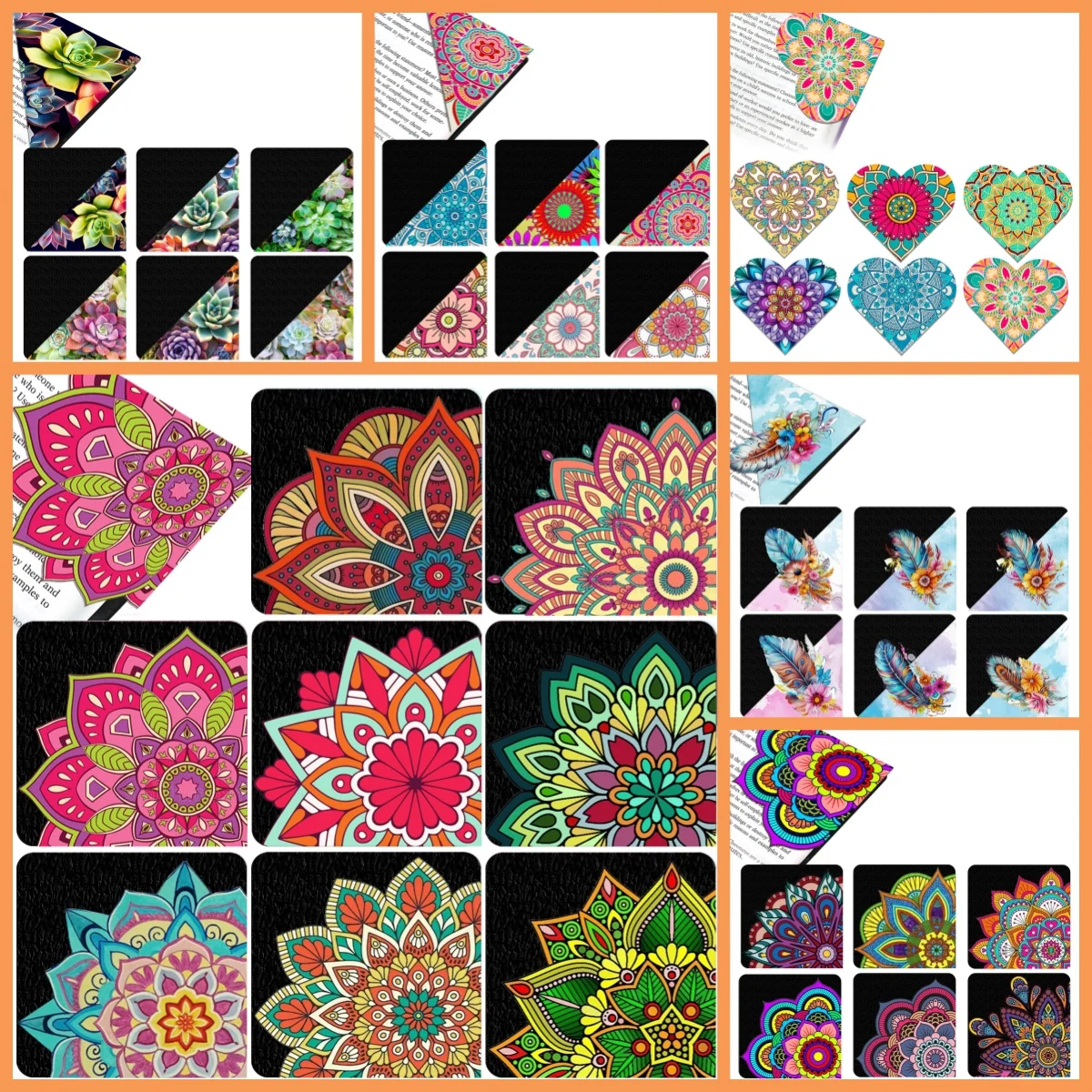 6/8-Piece set of corner Bookmarks, Printed with Mandala, feather Pattern PU leather Material, book label and gift for Friends