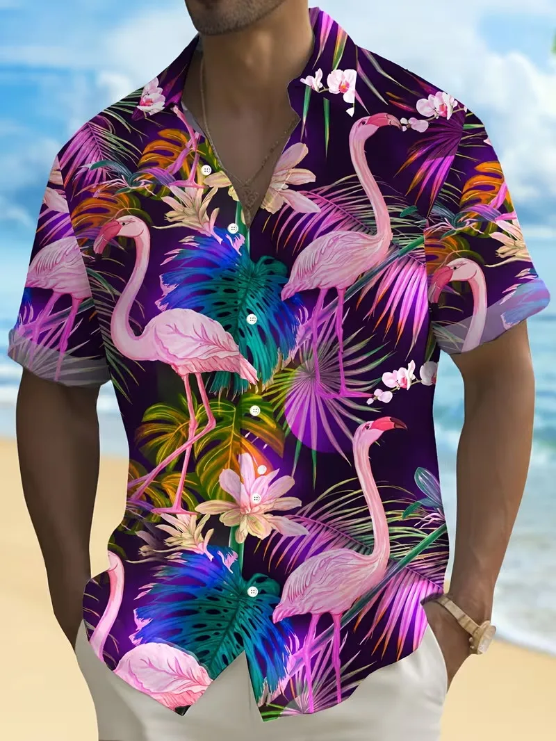 

Мужская летняя рубашка с коротким рукавом с принтом тропических попугаев и пальмовых листьев, повседневная, дышащая, для отпуска, на пуговицах