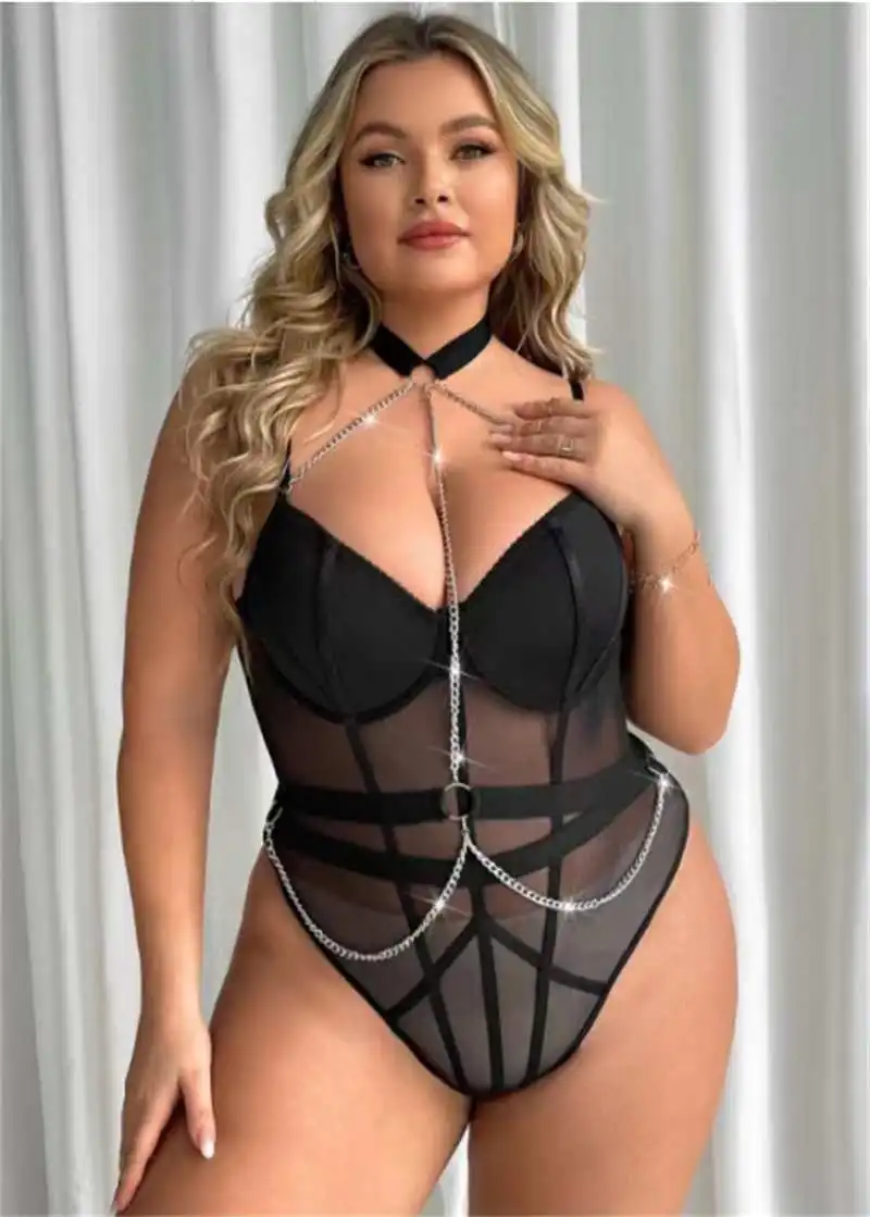 Wholesale Women\'s Pushed Up Plus Size Lingere Underwear Large Lady Mesh Transparent Bodysuit XXL Costumes with Chain