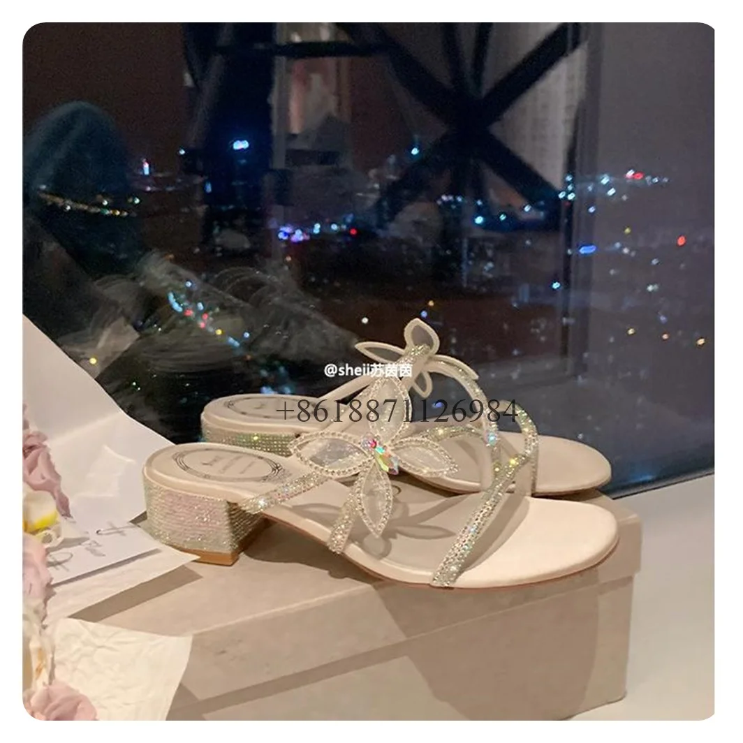 

White Bling Genuine Leather Square Toe Summer Outdoor Women Sandals With Butterfly Chunky Middle Heels Slip On Design Shoes