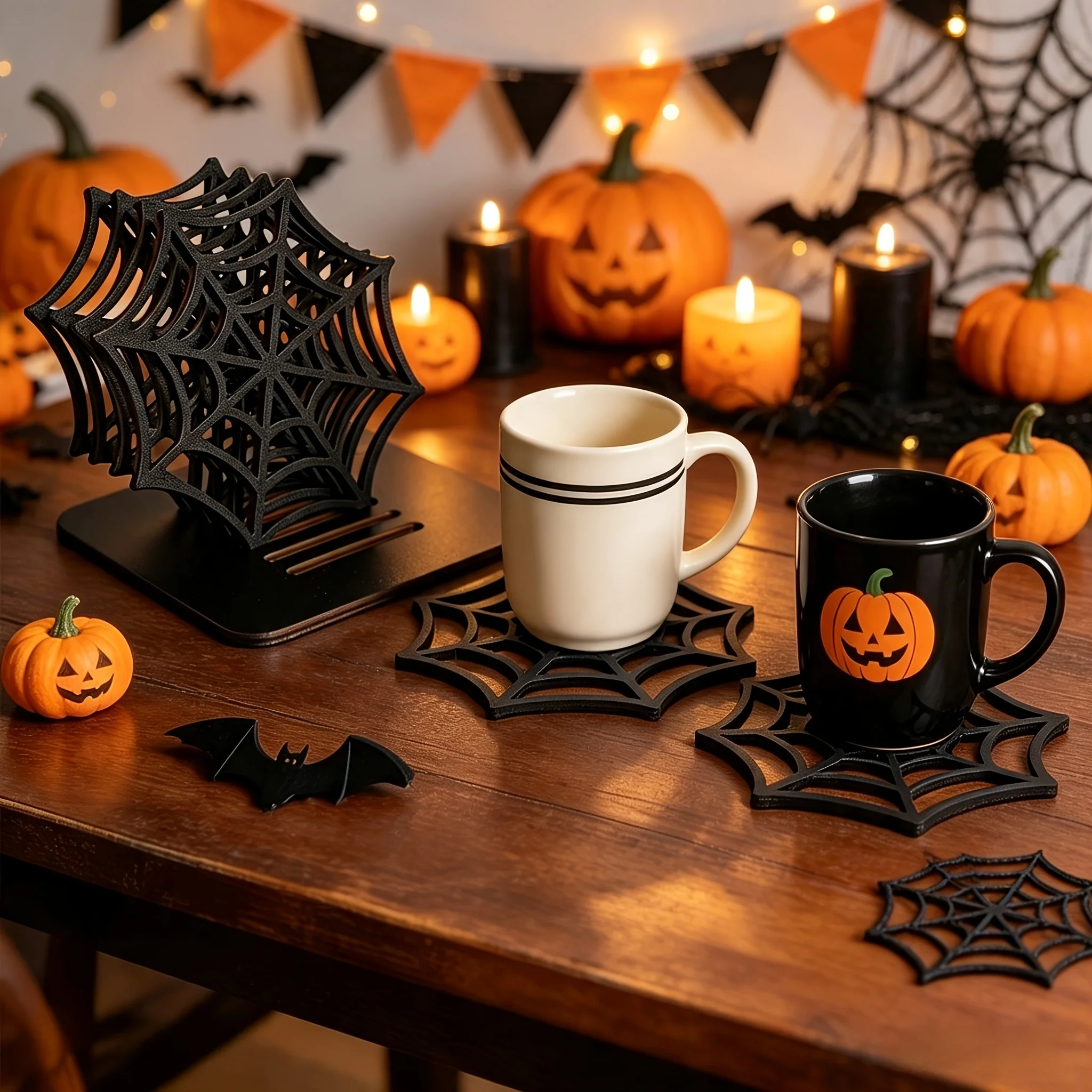 7Pcs Halloween Spider Web Wooden Coaster Set Wooden Cup Mat Heat Insulation Table Protector for Coffee Tea Mugs Party Home Bar