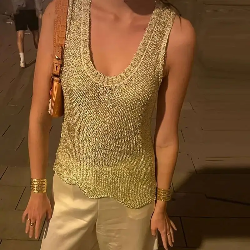 Women Sexy U Neck Sequin Party Shirt Spring Solid See Through Hollow Top Pullover Summer Sleeveless Loose Tank T Shirt