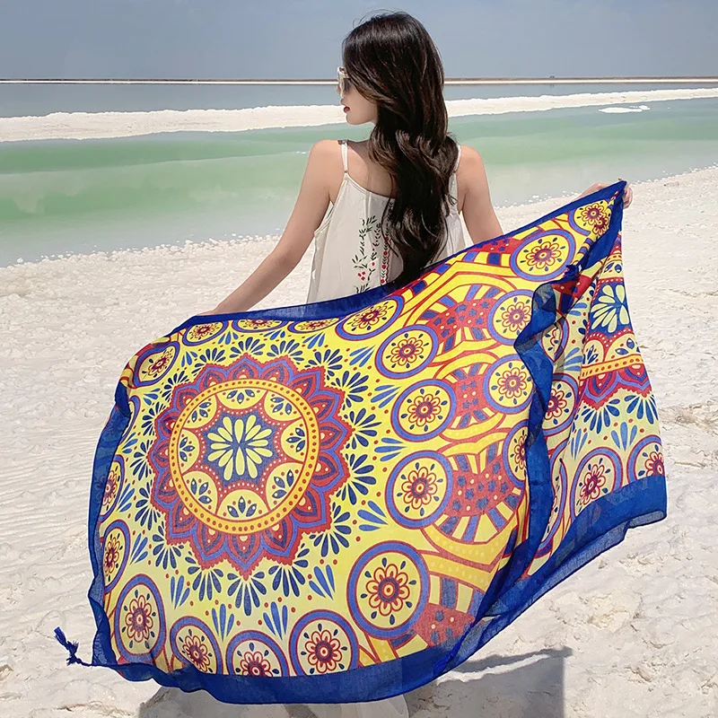 Holiday Sunscreen Ethnic Print Scarf For Women Long Wraps Shawls OverSize Brazilian Swimsuit Bathing Cover-ups Towel Beach Wear