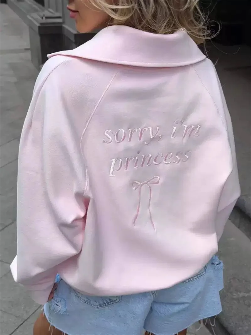 Fashion Women Pink Sweatshirt American Vintage  Pullover Top 2025 New Loose Half Zip Letter Embroidery Outwear