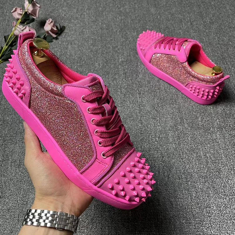 

men fashion hip hop rock rivets shoes pink soft leather studded shoe lace-up flats spikes sneakers designer stylish footwear man