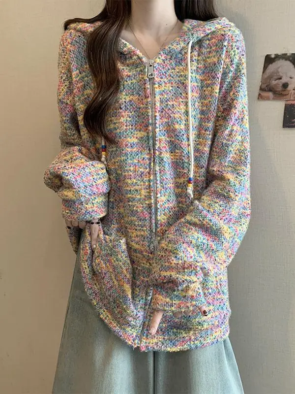 

Hooded Knitted Cardigan Sweater Women's Medium Length Spring New plus Size Fat MM Outerwear Casual Comfortable Top