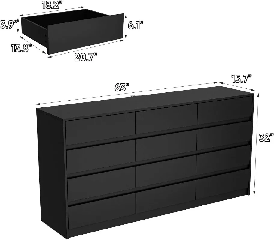 Chest of Drawers Black 12 Drawer Dresser No Handle, Modern Contemporary Dresser, 12-Drawer Cabinet Dresser for Bedroom (6