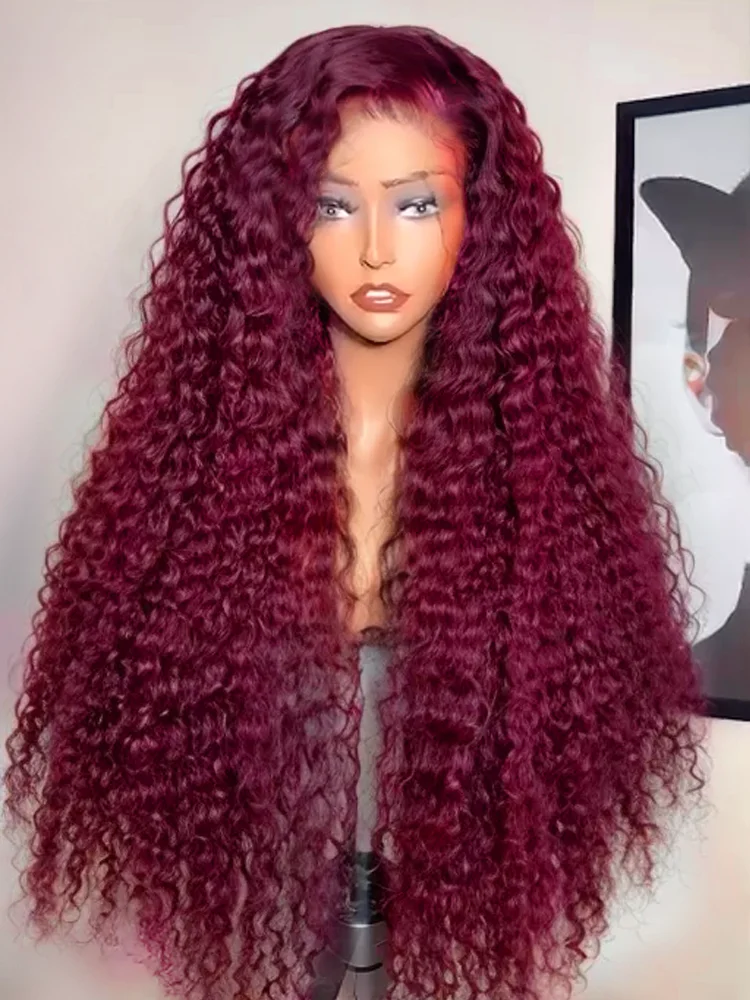 30 40 Inch 99J Burgundy Deep Wave 13x4 Transparent Red Lace Front Human Hair 13x6 HD Colored Lace Frontal Water Curly Wigs