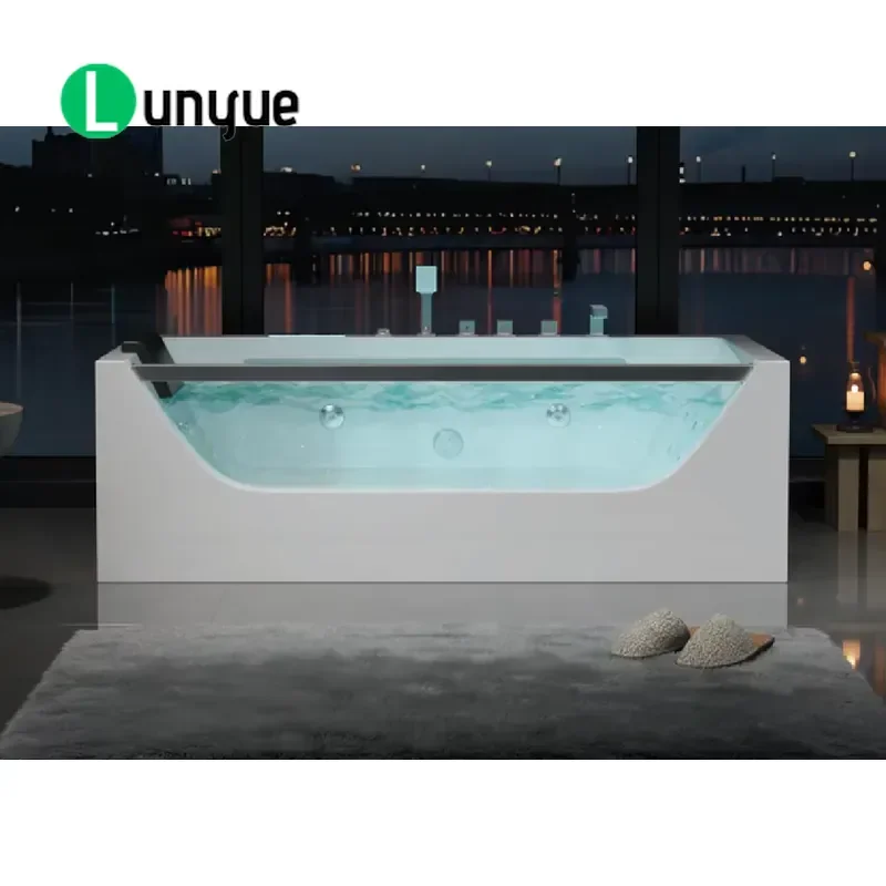 Luxury Grand Falls Acrylic Freestanding Bathtub with Side Glass Panel Computer Control Smart Spa for Modern Bathroom