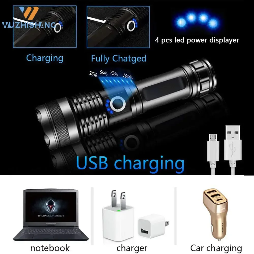 고출력 충전식 LED 손전등, 4 코어 토치 줌, USB 핸드 랜턴, 캠핑, 야외 및 비상 사용, XHP70