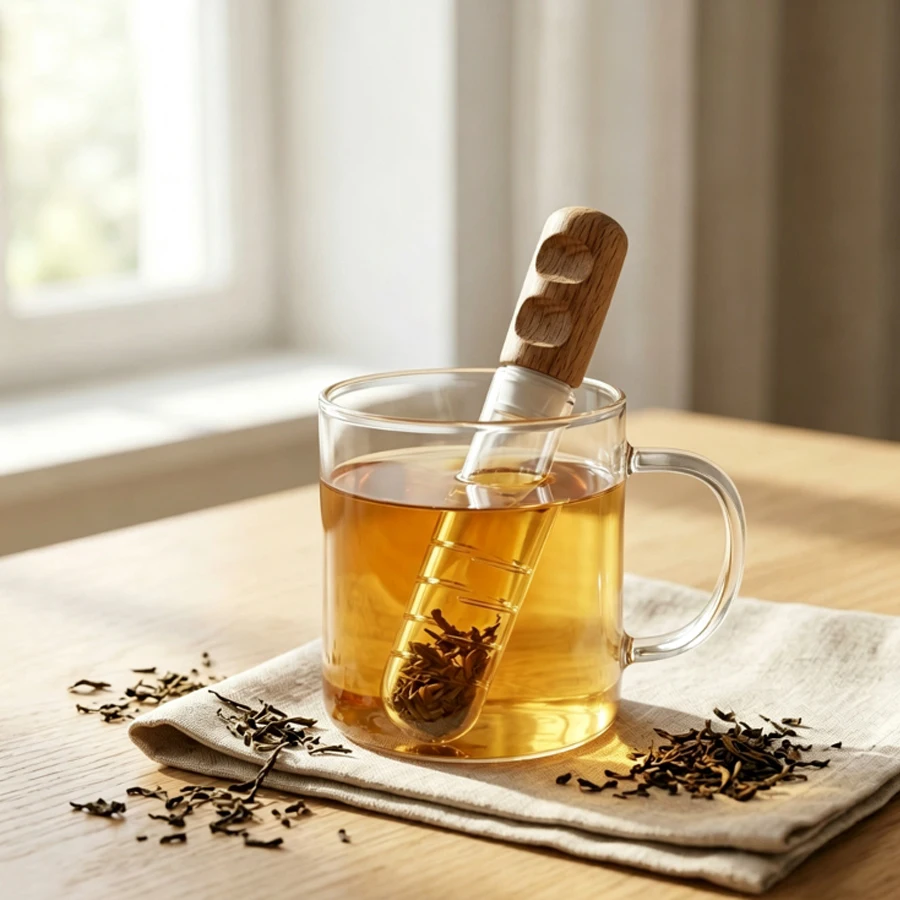 Portable Tea Infuser Stick for Office - Anti-scald Wood Handle Glass Tea Filter - Easy Clean Loose Leaf Tea Steeper for Travel H
