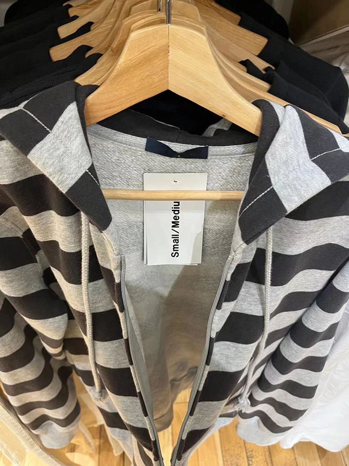 Striped Patchwork Zip-up Hoodie Autumn Cotton Pocket Drawstring