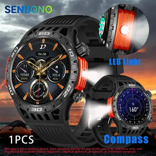 Imagen 1 del producto Reloj inteligente SENBONO para hombre con brújula de iluminación, rastreador de actividad/deporte IP68, resistente al agua, llamada Bluetooth, reloj inteligente para Android IOS