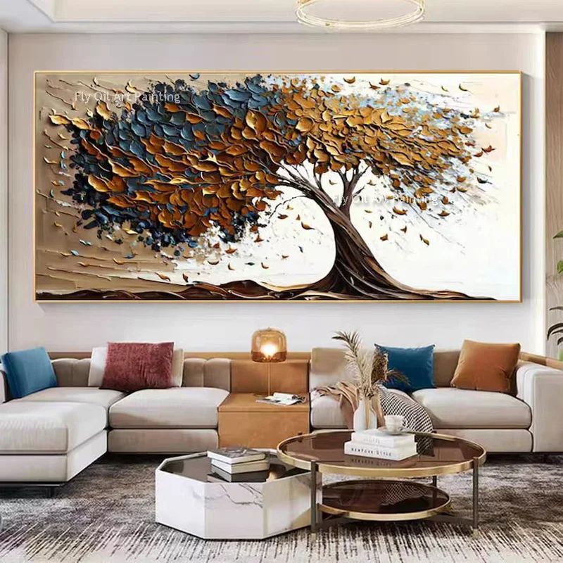 Hand Painted Orange Blue Canvas Modern Artwork Colorful Tree Knife Thick Oil Painting Abstract Treescape Wall Art For Home Decor