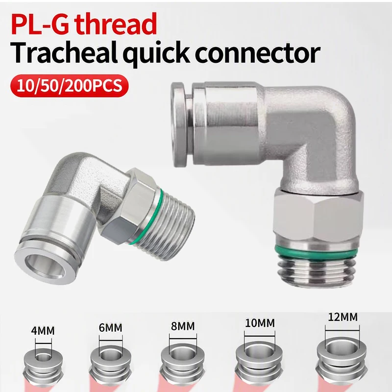 10PCS 304 Stainless Steel 90 Degree Pneumatic Elbow G Thread Push-in Air Tube Connector 4 6 8 10 12mm Quick Release Hose Fitting