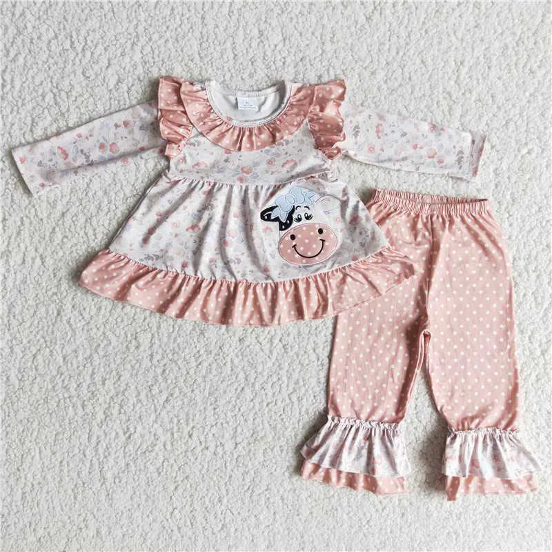 New spring fashion Embroidered Bull Head Pink Top Polka Dot Trousers Wholesale Boutique Baby Girls Children Clothing Outfits