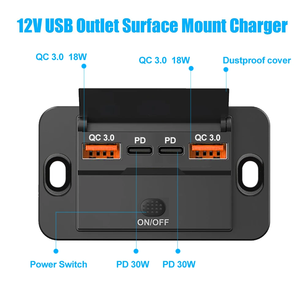 Dual PD USB C Adapters Outlet Car Charging Port Socket Wall Mount Accessories for Boat Marine Campers RV Truck Golf Cart 12/24V