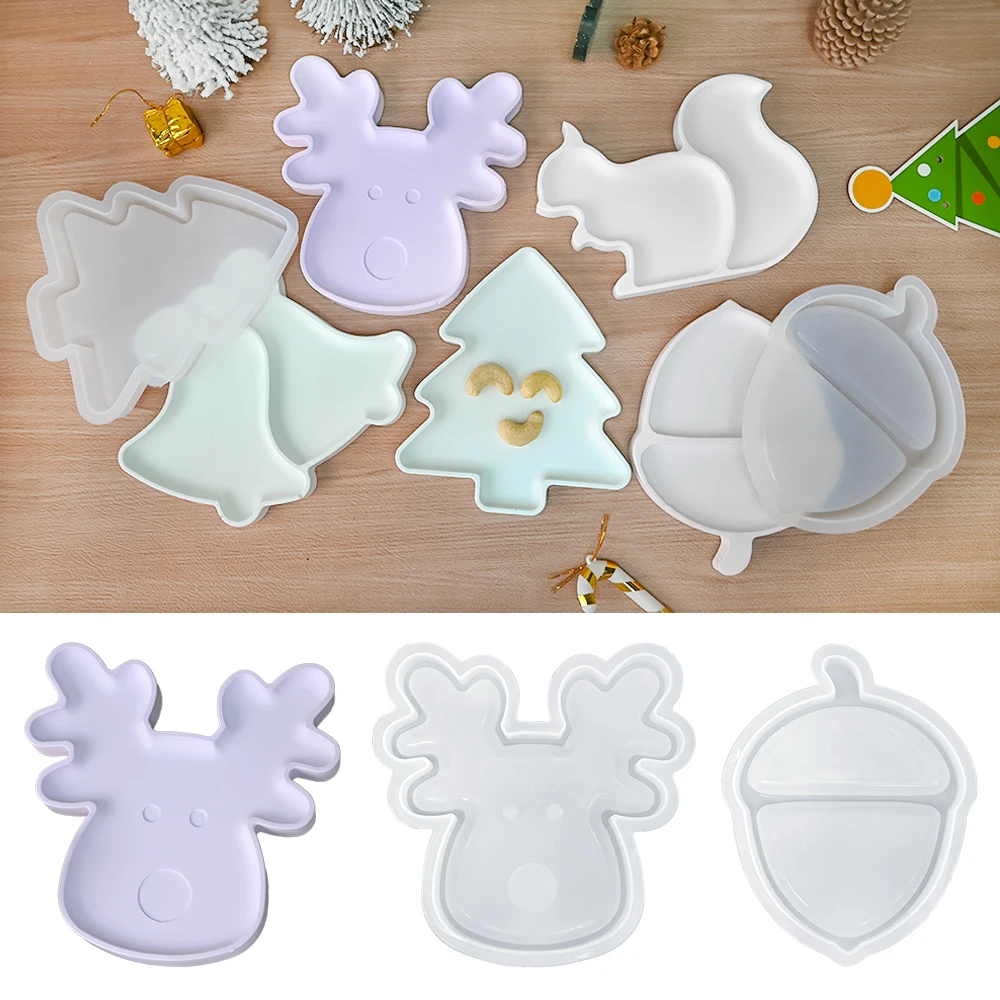 SZ062 DIY Christmas Elk Tray Silicone Resin Molds Christmas Tree Jingling Bell Cement Plaster Storage Plate Mold Home Decoration
