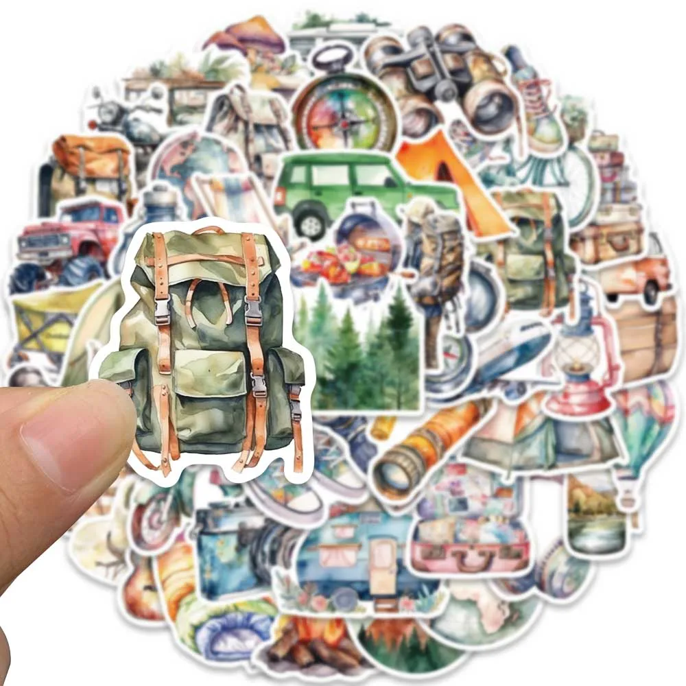 50pcs Cartoon Watercolor Outdoor Travel Camping Stickers For Laptop Phone Luggage Water Bottle Bicycle Car Vinyl Decals