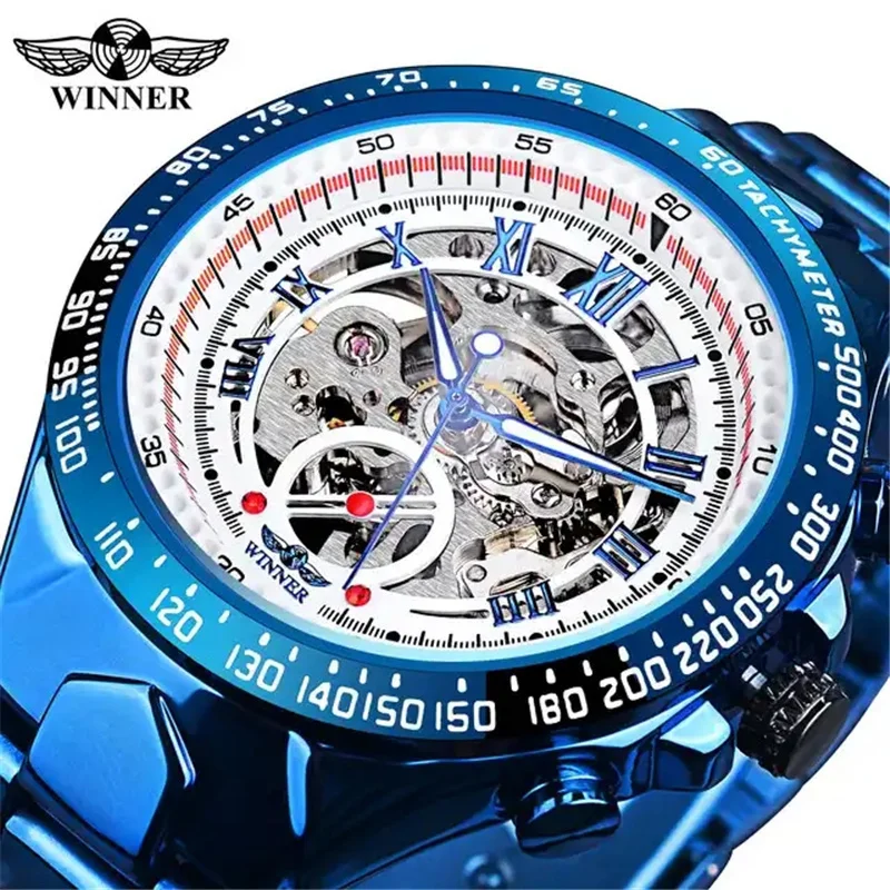 Winner 432A Blue Men\'s Automatic Mechanical Watch Skeleton LuxuryDesign 30M Waterproof Stainless Steel Strap Male Watches