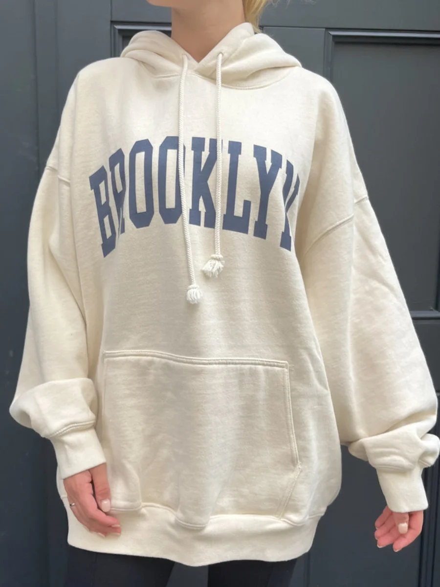 Brooklyn Print Hoodie Woman 2023 Autumn Long Sleeve Hooded Pocket Pull Sweatshirts Casual Vintage Streetwear Y2k Hoodies Tops