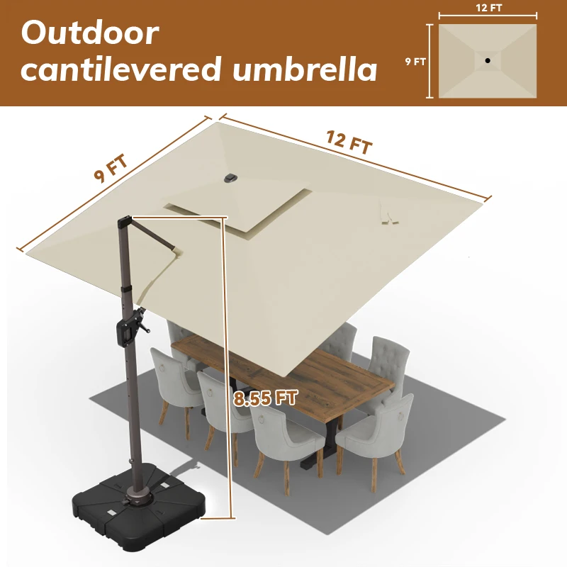 HANYI 9X12FT Modern Aluminum Cantilever Patio Umbrella 360 Rotation UV-Resistant Heavy Duty Windproof For Hotel