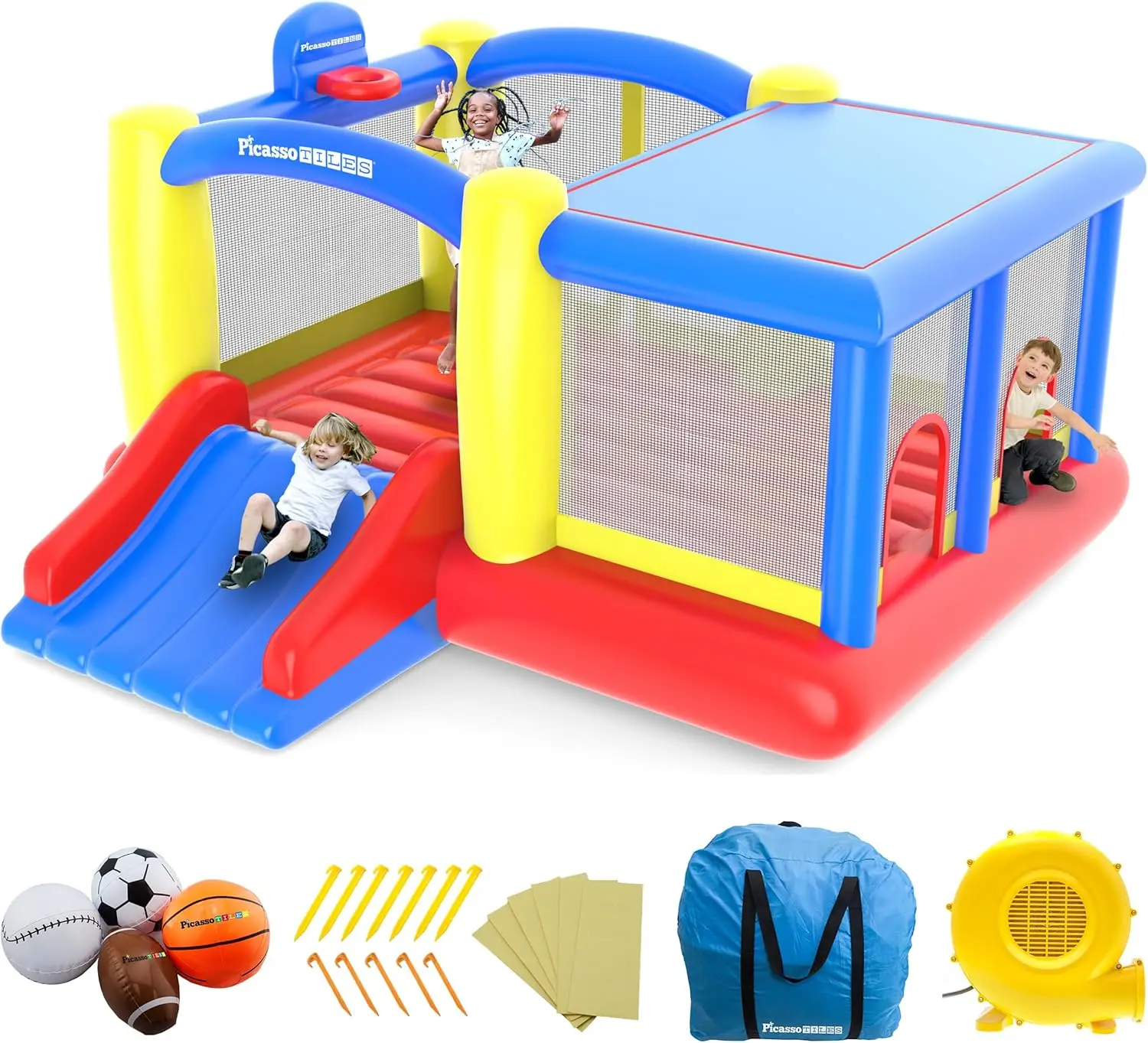 Maison gonflable de saut de videur de 12x10 pieds, toboggan de saut, maison de jeu Dunk avec jante de basket-ball, 4 balles de sport, ent pleine taille