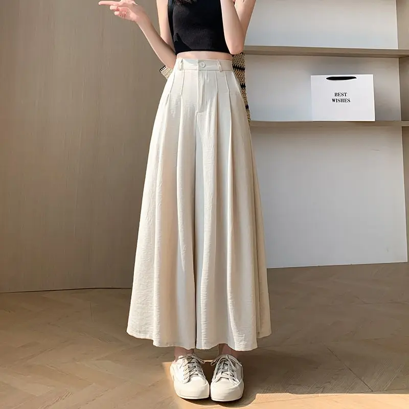 Korean Fashion Summer Thin Skirt Pants Women Solid Ice Silk Zipper Elastic High Waist Hip Hop Loose Straight Wide Leg Trousers