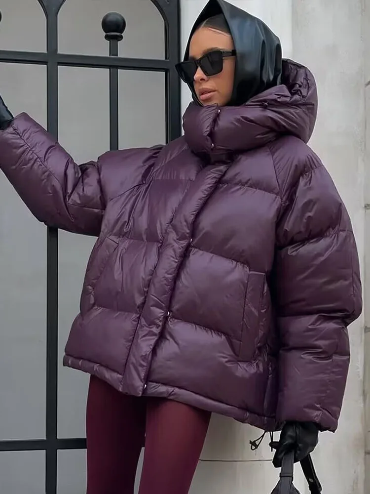 Damska kurtka bawełniana z kapturem, luźna, uniwersalna, nowa kolekcja zima 2025, styl high street, zapinana na zamek, z długim rękawem.